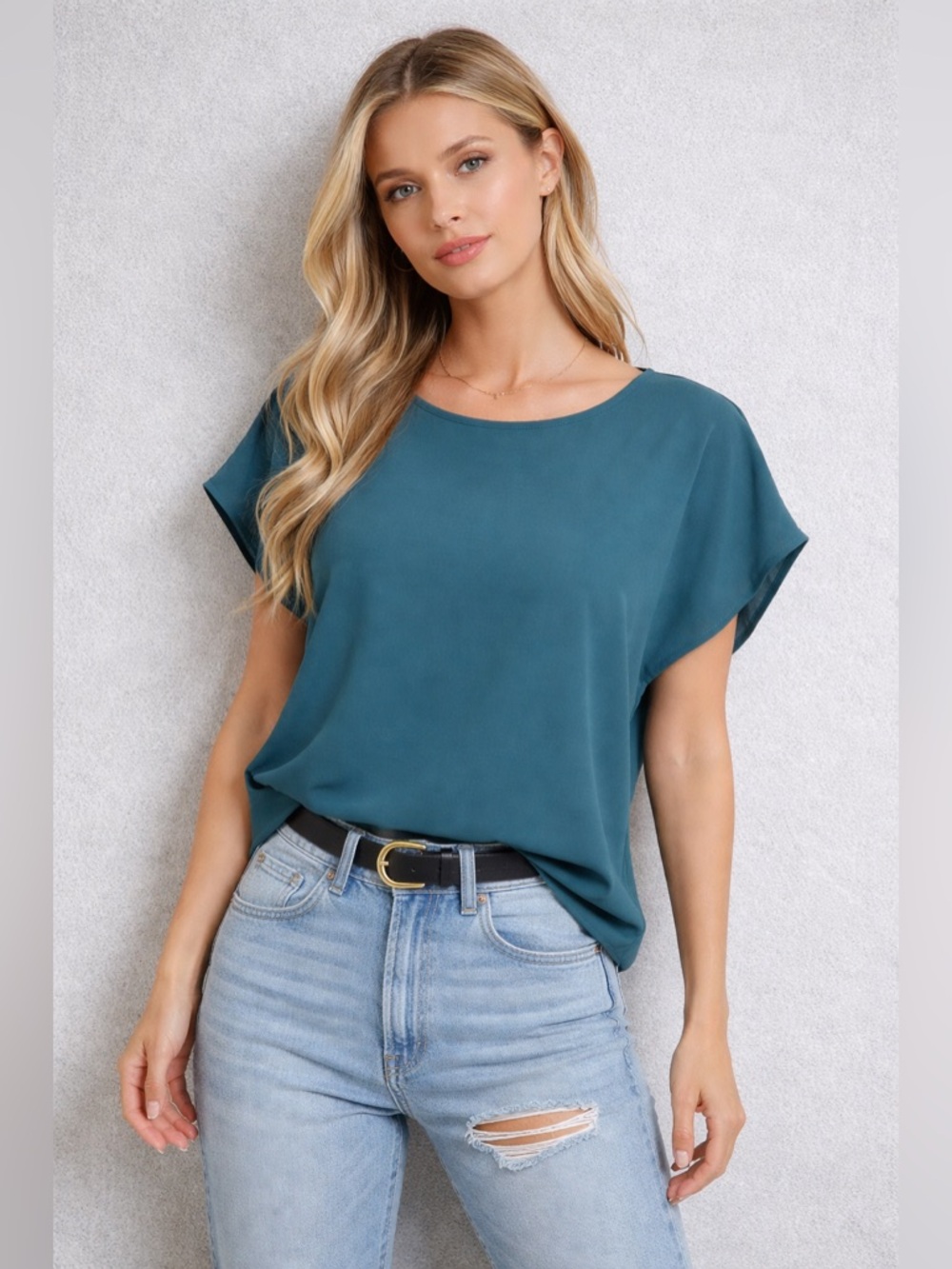 Teal Chiffon Blouse Women’s short Sleeve Flowy Top Work Office | Size L